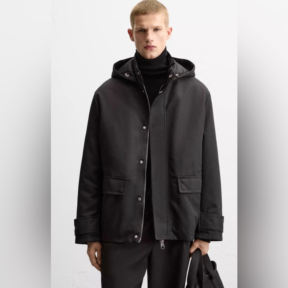Zara New Men’s Padded Hooded Parka Black Sz Large - Picture 14 of 14